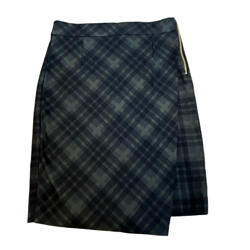 PREMISE Studio black green plaid check asymmetrical side zipper pencil skirt Sz4